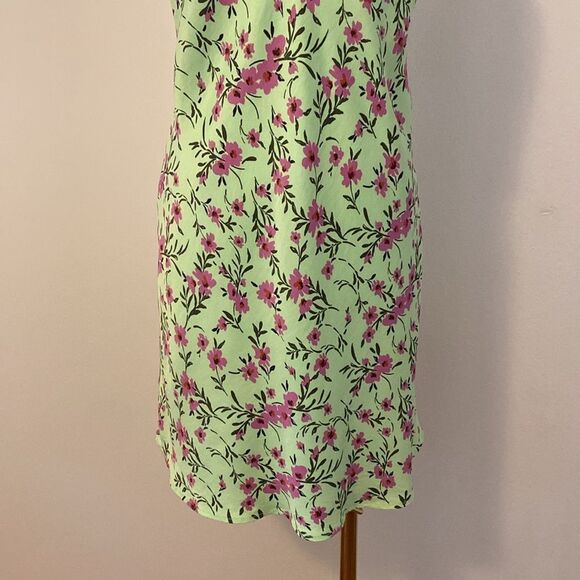Zara Green and Pink Floral Satin Effect Mini Slip Dress Size L - Picture 6 of 15